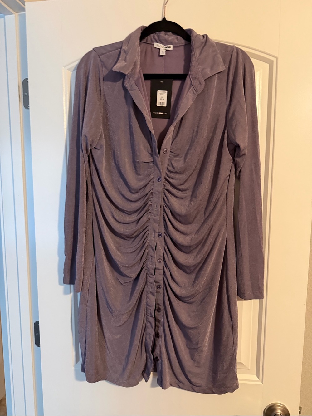 Fashion Nova Lavender Ruched Button-Front Long Sleeve Dress